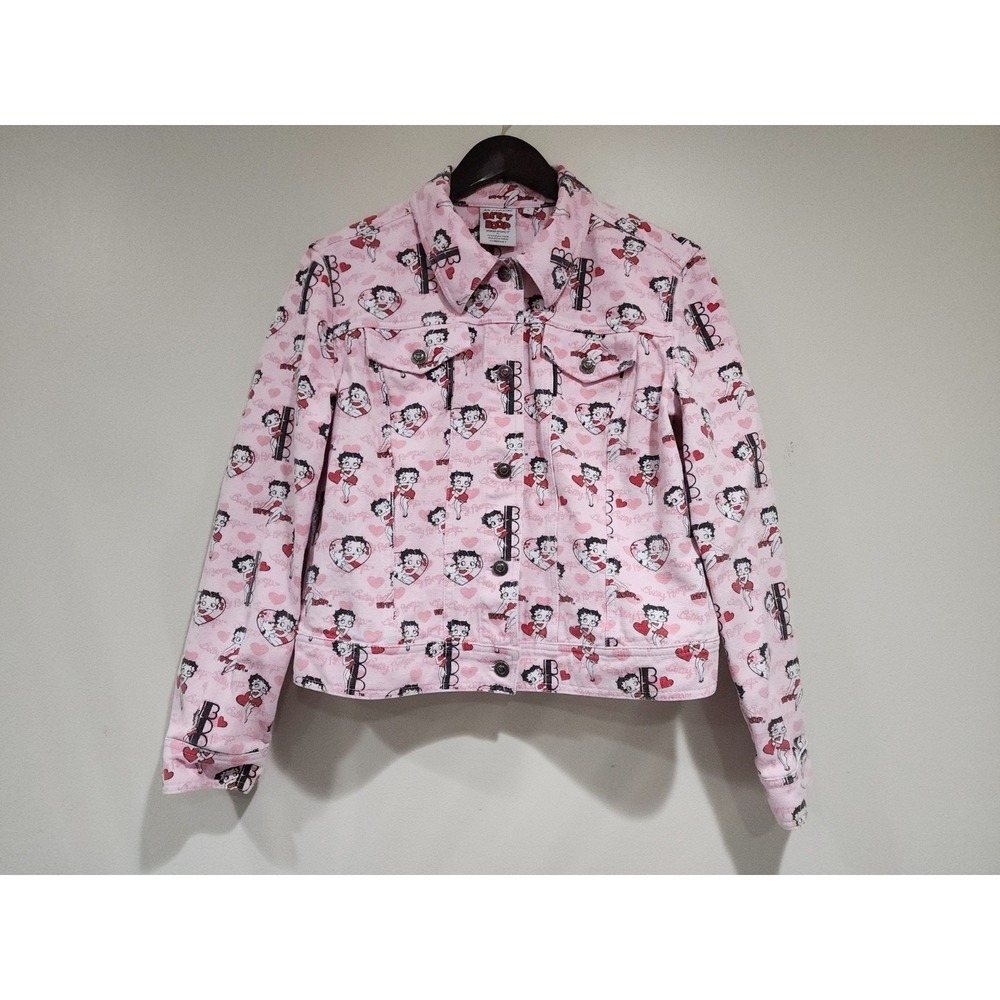 VTG AMERICAN TOONS BETTY BOOP WOMEN'S SIZE LARGE PINK DENIM JACKET HEARTS Y2K